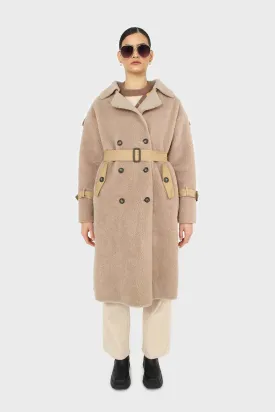 Beige vegan leather trim belted teddy coat