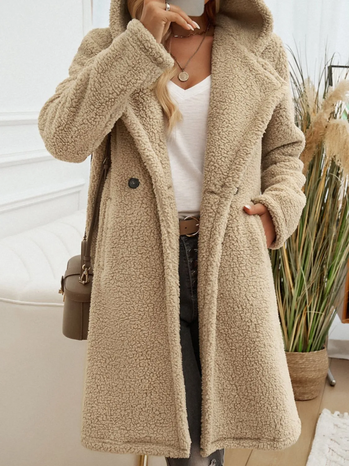 Blue Zone Planet |  Devine Pocketed Long Sleeve Hooded Teddy Coat