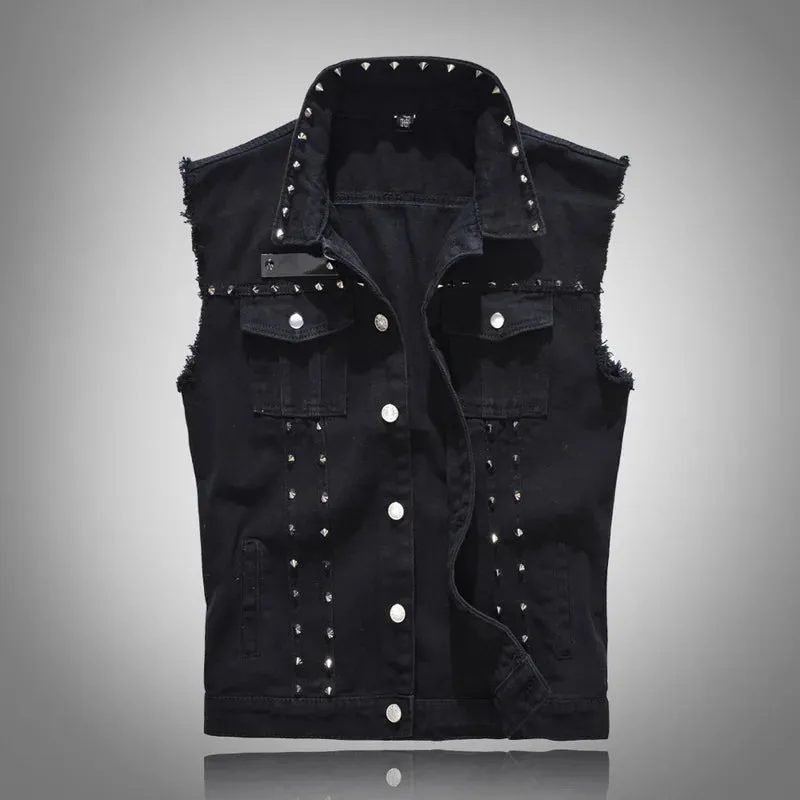FALIZA New Men's Denim Vest - Ripped Sleeveless Jeans Jacket