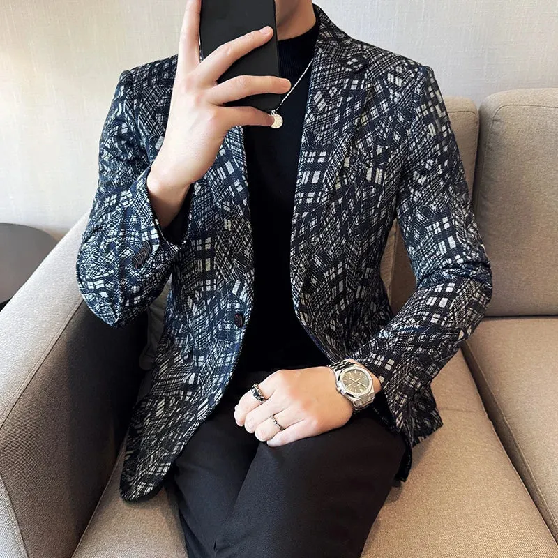 Geometric Grid Polyester Men's Blazer
