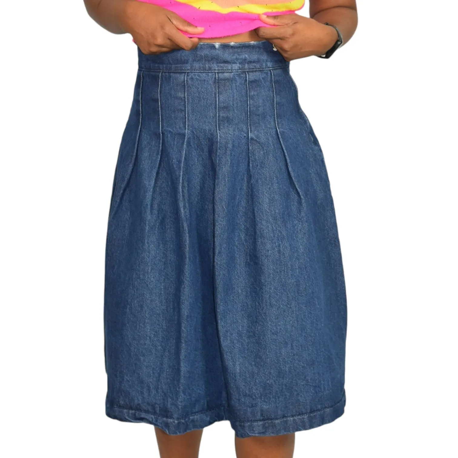 Kaos Jean Skirt Jean Blue Denim Midi Pleated Flare Rigid Medium Wash High Waist Size 40
