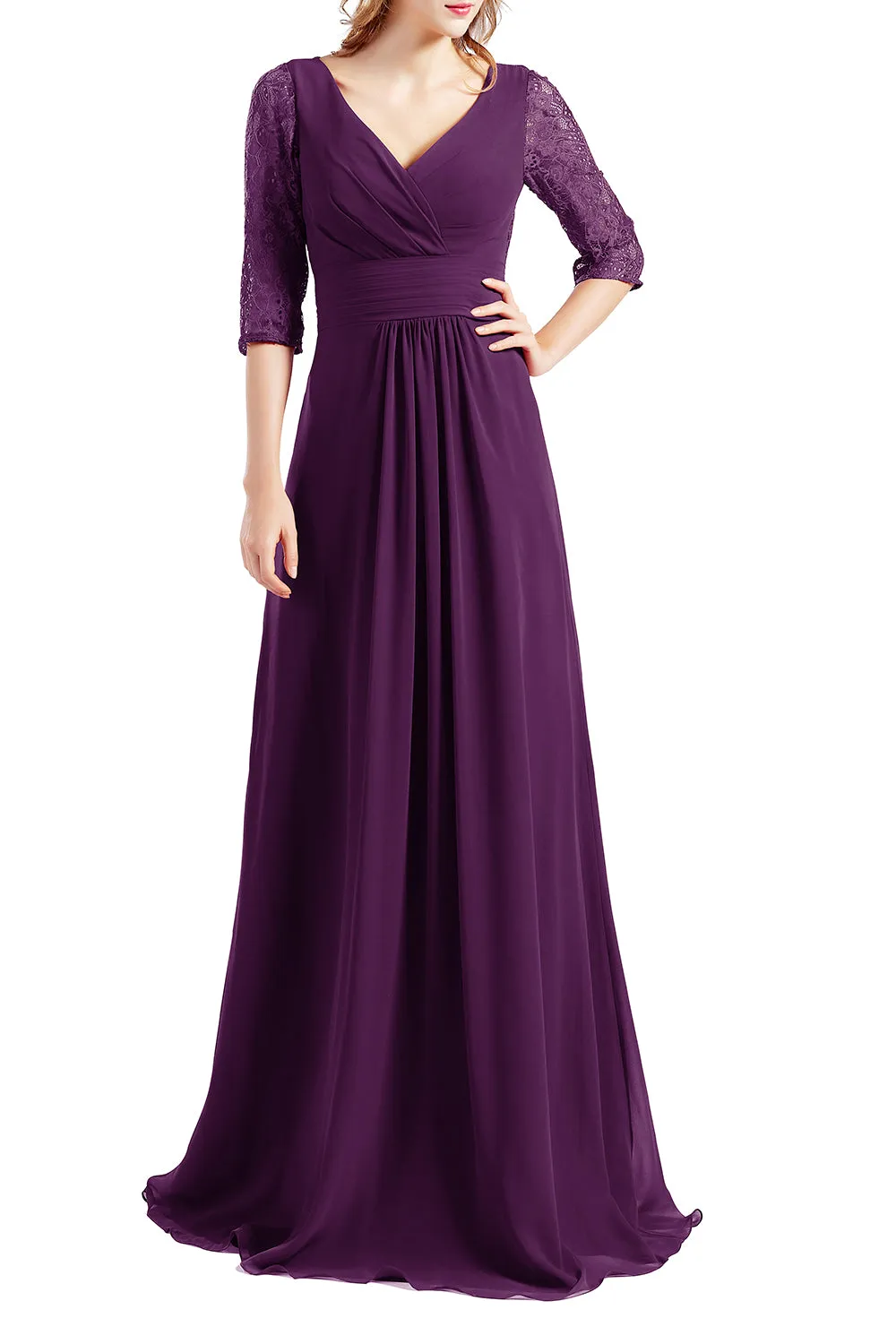 MACloth Women Half Sleeve V Neck Lace Long Wedding Party Bridesmaid Mother Dress