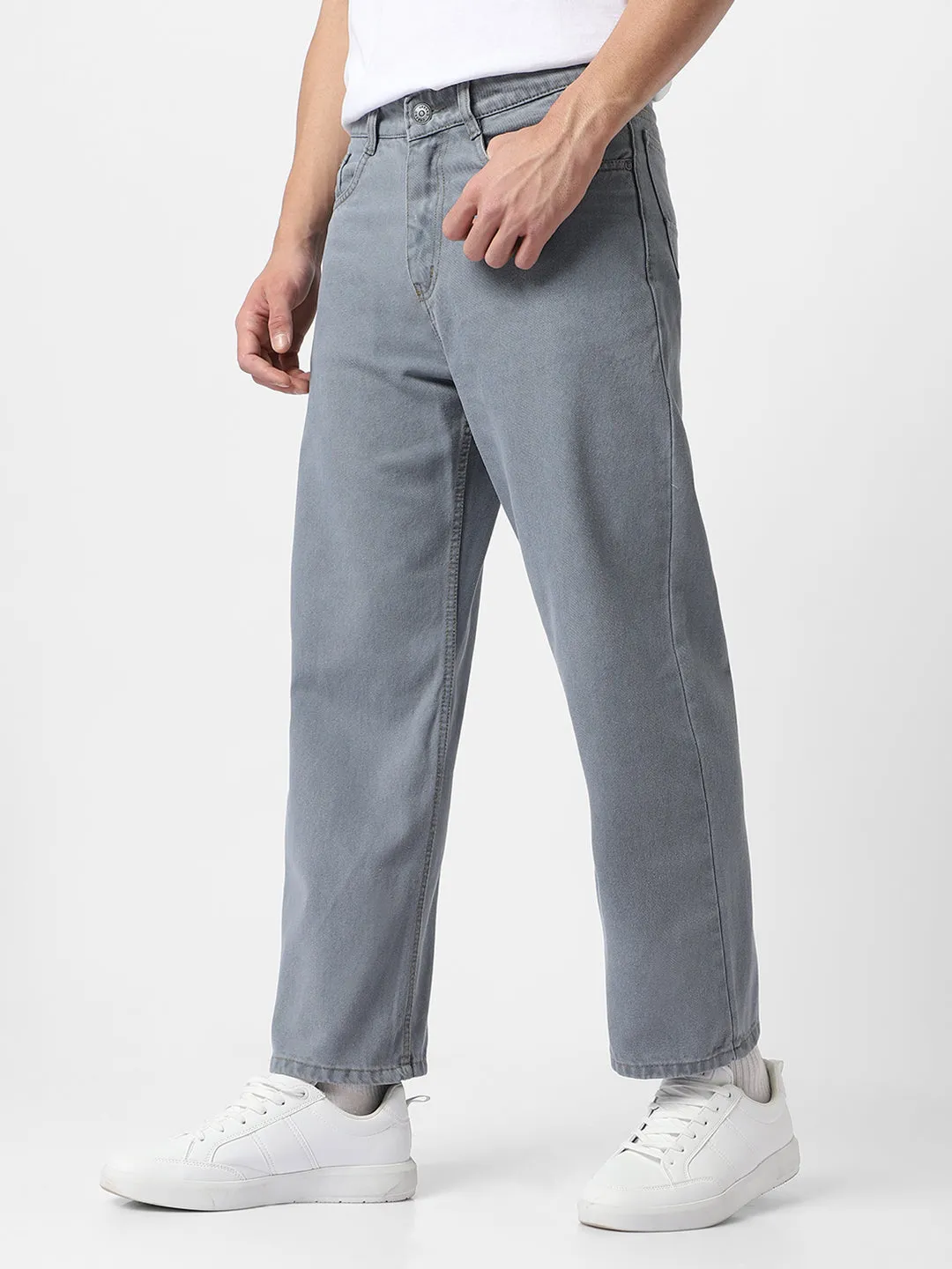 Men's Light Grey Loose Baggy Fit Washed Jeans Non-Stretchable