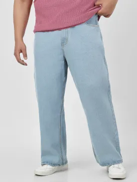 Plus Men's Ice Blue Loose Baggy Fit Washed Jeans Non-Stretchable